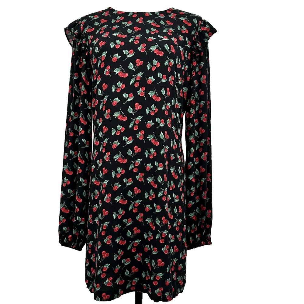 Reformation Bedford Cherry Print Mini Dress M Black Puff Ruffle Keyhole Tie Back